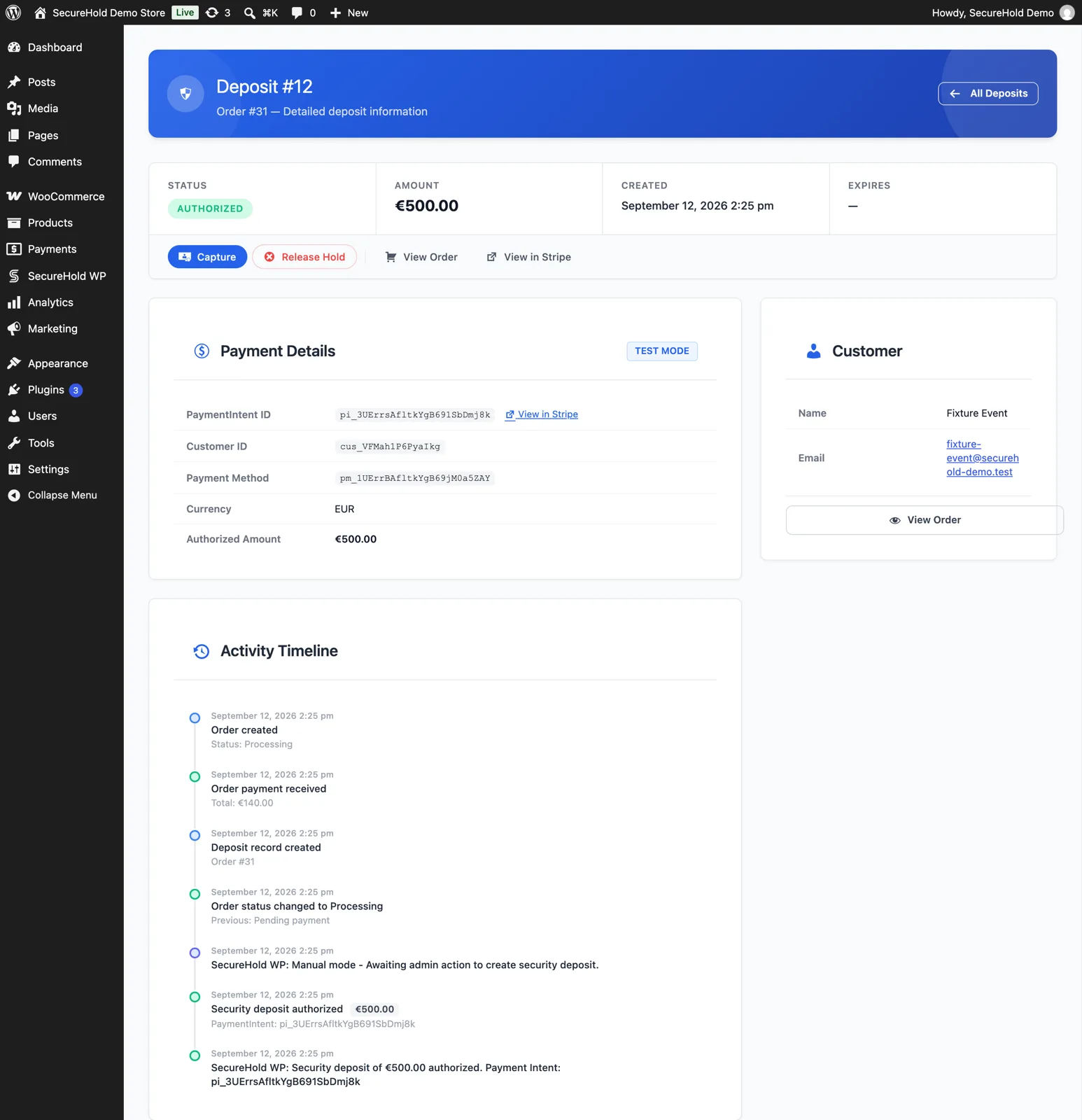 SecureHold deposit detail screen inside WordPress: status Authorized, amount €500.00, order reference, Test Mode, the Capture and Release actions, and the full activity timeline.