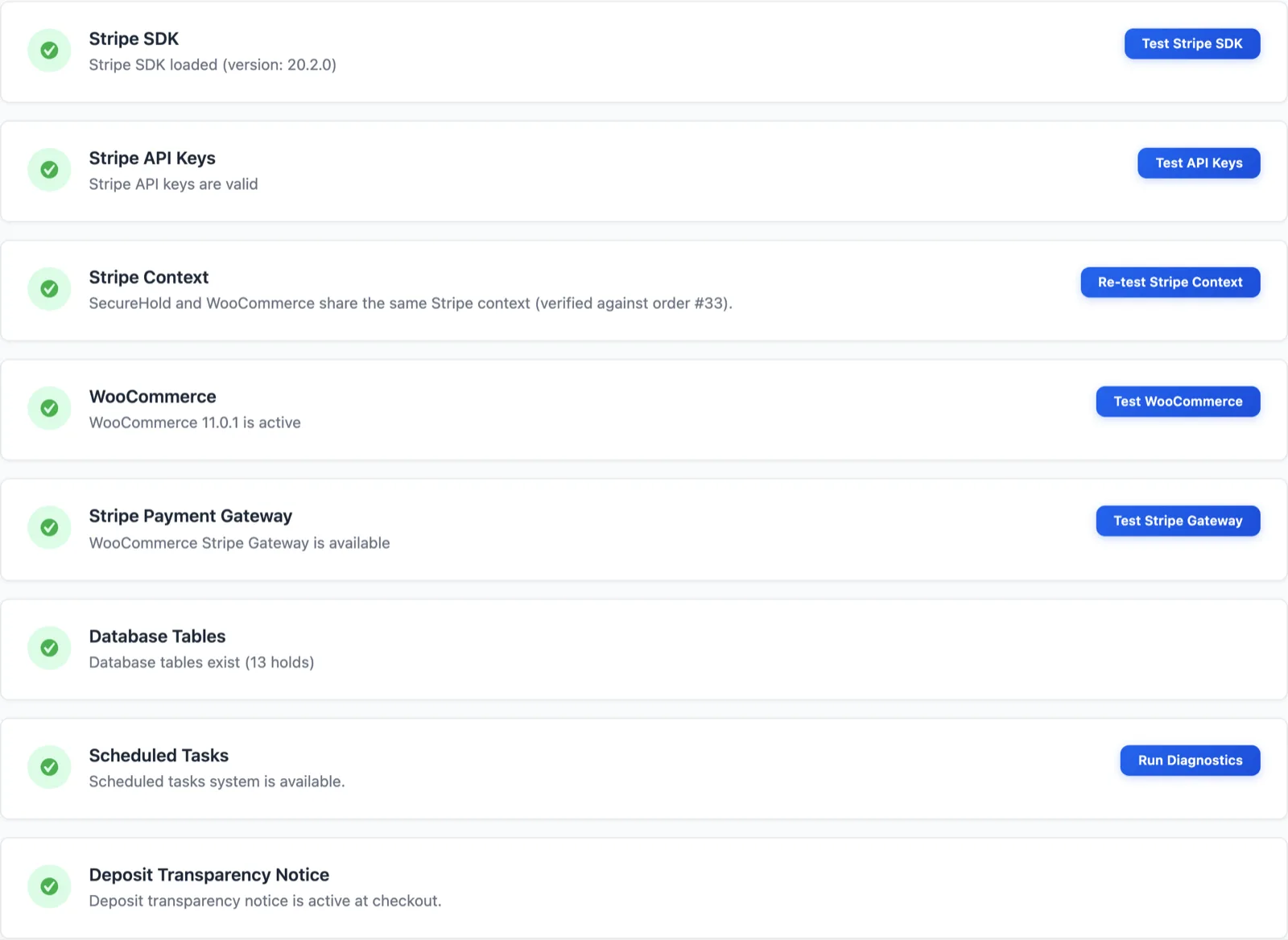 SecureHold Health Check screen showing Stripe SDK, API keys, Stripe context, WooCommerce and Stripe Payment Gateway checks all passing.