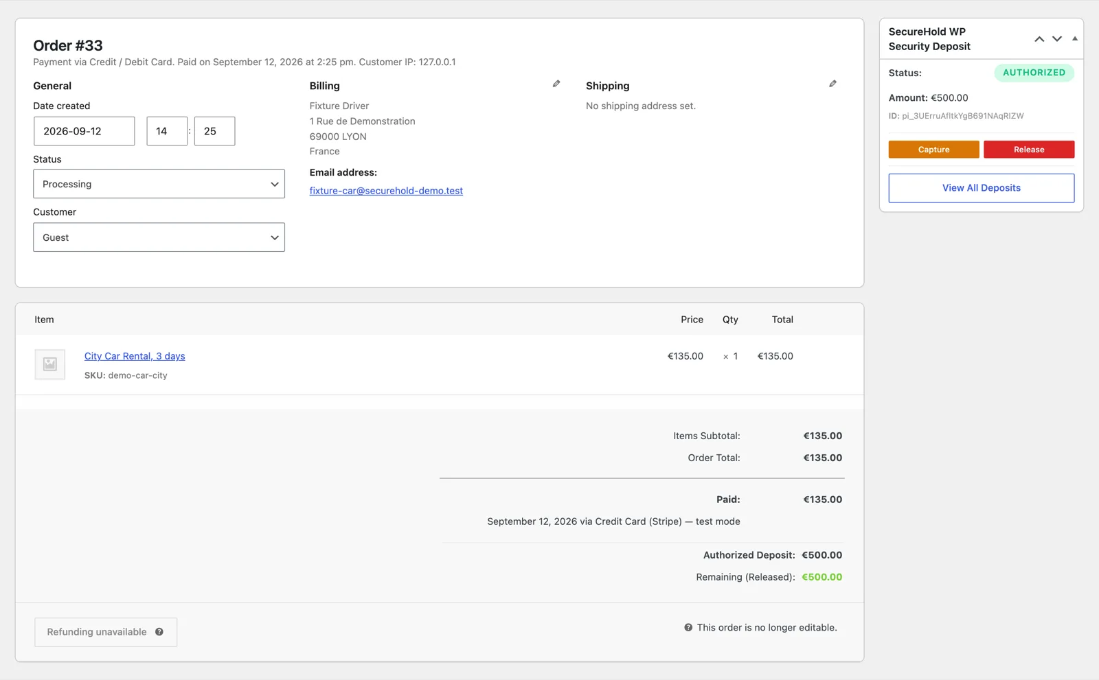 SecureHold deposit panel on a short WooCommerce car rental order: status Authorized, amount, and the Capture and Release actions.