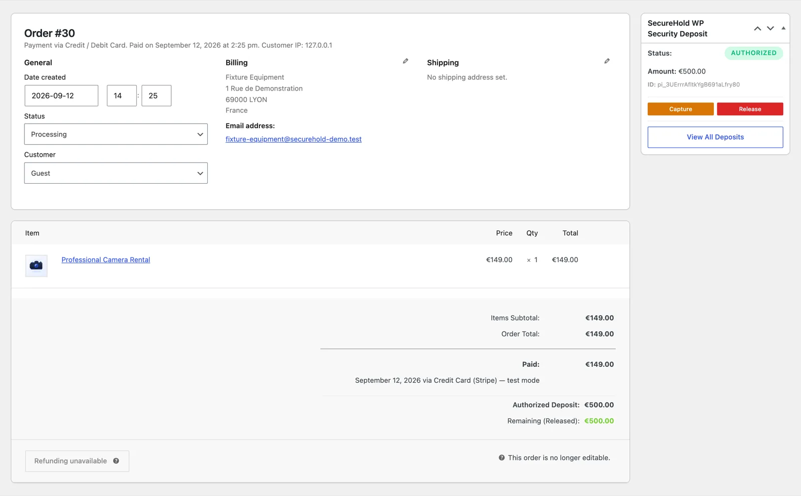 SecureHold deposit panel on a WooCommerce equipment rental order: status Authorized, amount, and the Capture and Release actions.