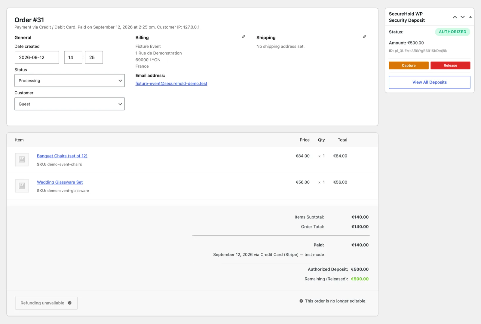 SecureHold deposit panel on a multi-item WooCommerce event order: status Authorized, amount, and the Capture and Release actions.