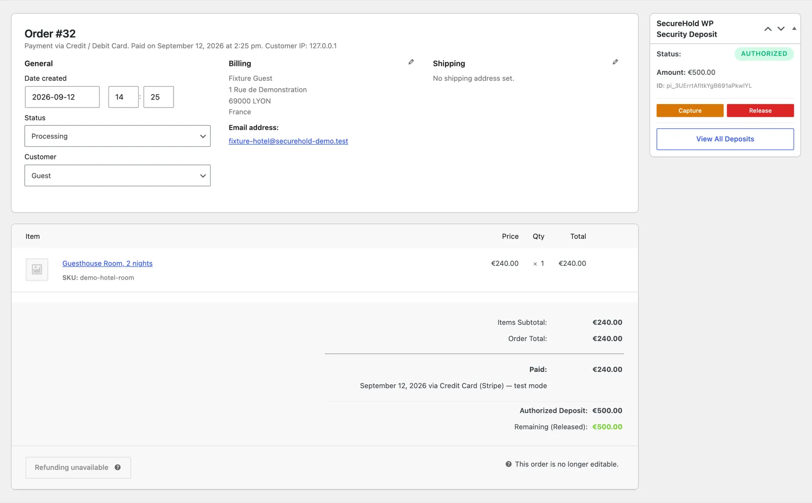 SecureHold deposit panel on a short-stay WooCommerce booking order: status Authorized, amount, and the Capture and Release actions.